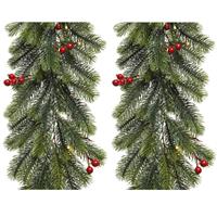 Decoris Set van 2x stuks kerst dennenslinger guirlandes groen met verlichting en decoratie 30 x 180 cm -
