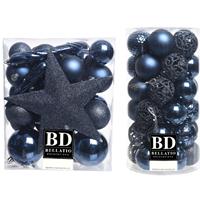 Bellatio 70x stuks kunststof kerstballen met ster piek donkerblauw 5, 6 en 8 cm -