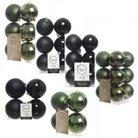 Decoris Kerstversiering kunststof kerstballen mix zwart/donkergroen 6-8-10 cm pakket van 44x stuks -