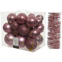 Decoris Kerstversiering kunststof kerstballen 6-8-10 cm met folieslingers pakket oud roze van 28x stuks -