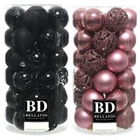 Bellatio 74x stuks kunststof kerstballen mix zwart en oudroze 6 cm -