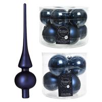Decoris Glazen kerstballen pakket donkerblauw glans/mat 32x stuks inclusief piek mat -