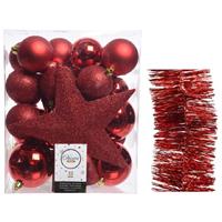 Decoris Kerstversiering kerstballen 5-6-8 cm met ster piek en folieslingers pakket rood van 35x stuks -
