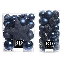 Bellatio 70x stuks kunststof kerstballen met ster piek donkerblauw mix -