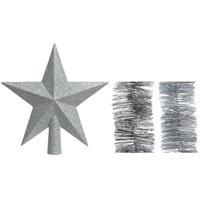 Decoris Kerstversiering kunststof glitter ster piek 19 cm en folieslingers pakket zilver van 3x stuks -