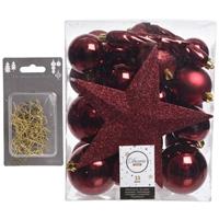 Decoris 33x stuks kunststof kerstballen 5, 6 en 8 cm donkerrood inclusief ster piek en kerstbalhaakjes -