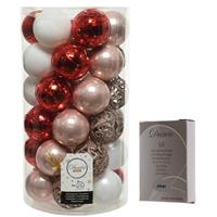 Decoris Kerstversiering mix pakket kunststof kerstballen 6 cm lichtroze/rood/wit 37x stuks met haakjes -