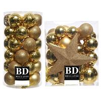 Bellatio 70x stuks kunststof kerstballen met ster piek goud mix 5, 6 en 8 cm -