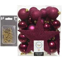 Decoris 33x stuks kunststof kerstballen 5, 6 en 8 cm framboos roze inclusief ster piek en kerstbalhaakjes -