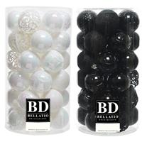 Bellatio 74x stuks kunststof kerstballen mix zwart en parelmoer wit 6 cm -