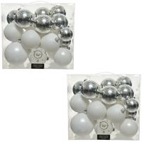 52x Kunststof kerstballen mix wit-zilver 6, 8, 10 cm -