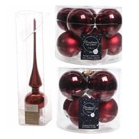 Decoris Glazen kerstballen pakket donkerrood glans/mat 32x stuks inclusief piek glans -