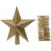 Decoris Kerstversiering kunststof glitter ster piek 19 cm en glitter folieslingers pakket goud van 3x stuks -