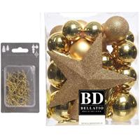 Bellatio 33x stuks kunststof kerstballen 5, 6 en 8 cm goud inclusief ster piek en kerstbalhaakjes -