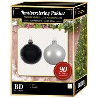 Bellatio Kerstballen set kunststof 90-delig voor 150 cm boom wit/zwart -