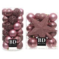 Bellatio 70x stuks kunststof kerstballen met ster piek oudroze (velvet pink) mix -