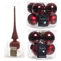 Decoris Glazen kerstballen pakket donkerrood glans/mat 32x stuks inclusief piek mat -