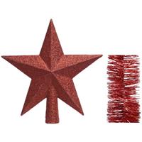 Decoris Kerstversiering kunststof glitter ster piek 19 cm en glitter folieslingers pakket rood van 3x stuks -