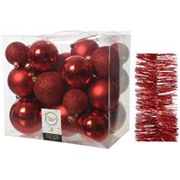 Decoris Kerstversiering kunststof kerstballen 6-8-10 cm met glitter folieslingers pakket rood van 28x stuks -
