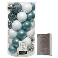Decoris Kerstversiering mix pakket kunststof kerstballen 6 cm zilver/ijsblauw/wit 37x stuks met haakjes -