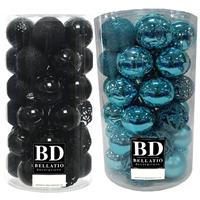 Bellatio 74x stuks kunststof kerstballen mix zwart en turquoise blauw 6 cm -