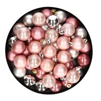 Bellatio 48x Stuks kunststof kerstballen mix zilver/lichtroze/oud roze 4 cm -