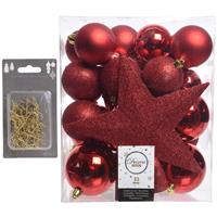 Decoris 33x stuks kunststof kerstballen 5, 6 en 8 cm rood inclusief ster piek en kerstbalhaakjes -