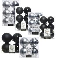 Decoris Kerstversiering kunststof kerstballen mix zwart/zilver 6-8-10 cm pakket van 44x stuks -