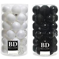 Bellatio 74x stuks kunststof kerstballen mix zwart en wit 6 cm -