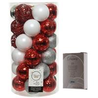 Decoris Kerstversiering mix pakket kunststof kerstballen 6 cm zilver/rood/wit 37x stuks met haakjes -