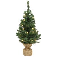 Bellatio Decorations Volle mini kerstbomen groen in jute zak met verlichting 90 cm -