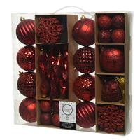Decoris 50x Rode kerstballen en figuur hangers 4-8-15 cm kunststof mix -