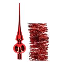 Decoris Kerstversiering glazen piek glans 26 cm en folieslingers pakket rood van 3x stuks -