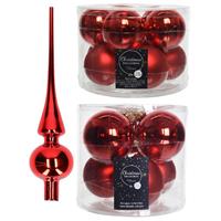 Decoris Glazen kerstballen pakket kerstrood glans/mat 32x stuks inclusief piek glans -