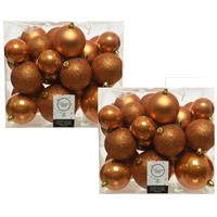 Decoris 52x stuks kunststof kerstballen cognac bruin (amber) 6-8-10 cm glans/mat/glitter -