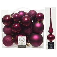 Decoris Kerstversiering kunststof kerstballen met piek framboos roze 6-8-10 cm pakket van 27x stuks -