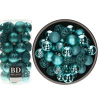 Bellatio 74x stuks kunststof kerstballen turquoise blauw 6 cm glans/mat/glitter mix -