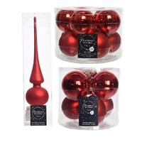 Decoris Glazen kerstballen pakket kerstrood glans/mat 32x stuks inclusief piek mat -