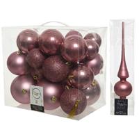 Decoris Kerstversiering kunststof kerstballen met piek oud roze 6-8-10 cm pakket van 27x stuks -