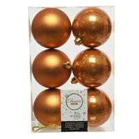 Decoris 6x stuks kunststof kerstballen cognac bruin (amber) 8 cm glans/mat -
