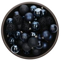 Decoris 37x stuks kunststof kerstballen donkerblauw 6 cm glans/mat/glitter mix -