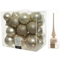 Decoris Kerstversiering kunststof kerstballen met piek parel/champagne 6-8-10 cm pakket van 27x stuks -