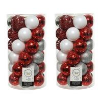 Decoris 74x stuks kunststof kerstballen zilver/rood/wit 6 cm mat/glans/glitter -