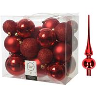 Decoris Kerstversiering kunststof kerstballen met piek rood 6-8-10 cm pakket van 27x stuks -