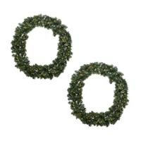 Decoris Set van 2x stuks kerstkransen/dennenkransen groen met warm witte verlichting en timer 60 cm -