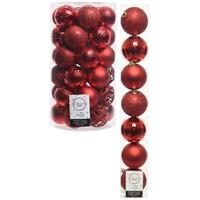 Decoris Kerstversiering kunststof kerstballen rood 6-8 cm pakket van 51x stuks -