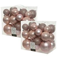 Decoris 52x stuks kunststof kerstballen lichtroze (blush) 6-8-10 cm glans/mat/glitter -