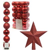 Decoris Kerstversiering kunststof kerstballen met piek rood 4-5-6-8 cm pakket van 34x stuks -