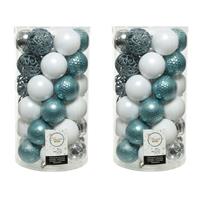 Decoris 74x stuks kunststof kerstballen zilver/wit/ijsblauw (blue dawn) 6 cm mat/glans/glitter -