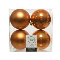 Decoris 4x stuks kunststof kerstballen cognac bruin (amber) 10 cm glans/mat -
